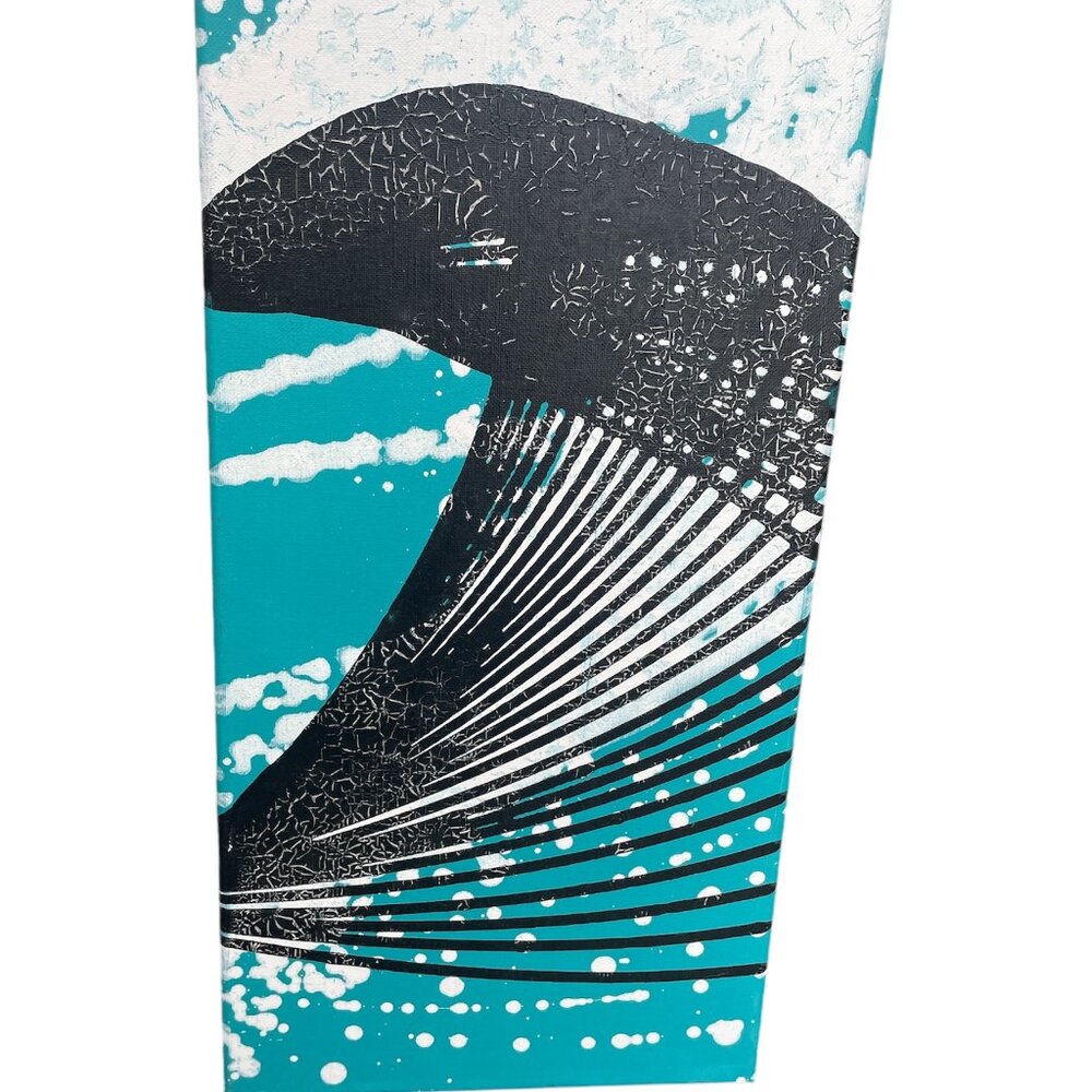 Abstract Whale Acrylic Painting Original Art Teal Black White Unsigned Aquatic